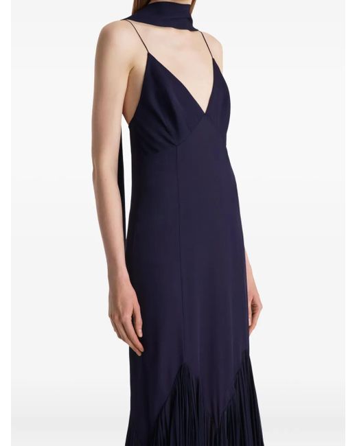 Khaite Blue Candita Pleated V-Neck Slip Midi Dress