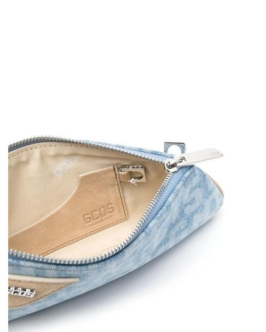 Gcds Blue Denim Shoulder Bag With Logo Writing
