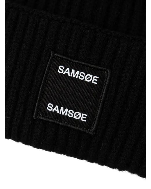 Samsøe & Samsøe Black Logo-Patch Ribbed-Knit Beanie Hat