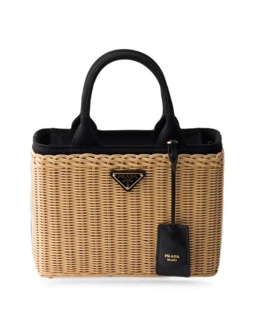 Prada Black Medium Wicker And Canvas Tote Bag