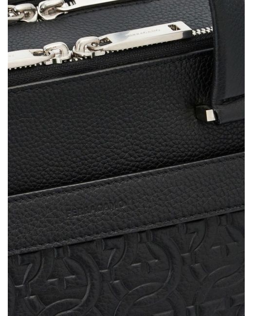 Ferragamo Black Monogram Embossed Leather Briefcase for men