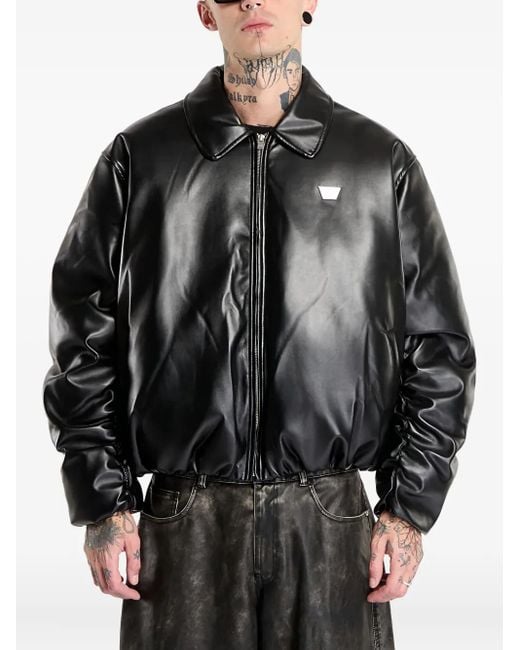 M I S B H V Black Faux-Leather Puffer Bomber Jacket for men