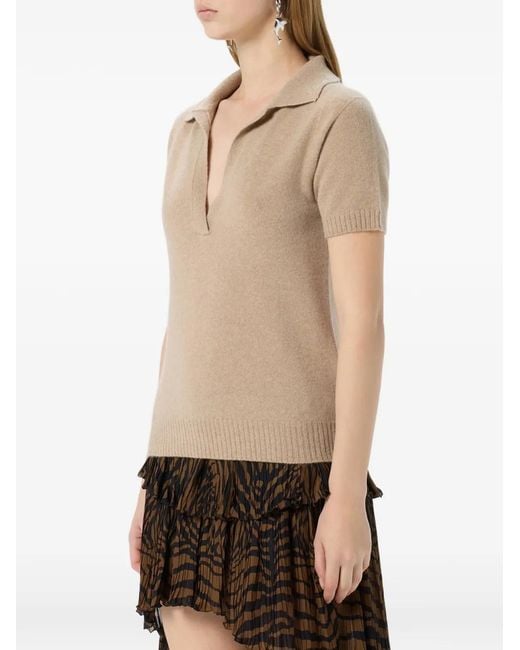 Blumarine Natural Rhinestone Cashmere Polo Shirt
