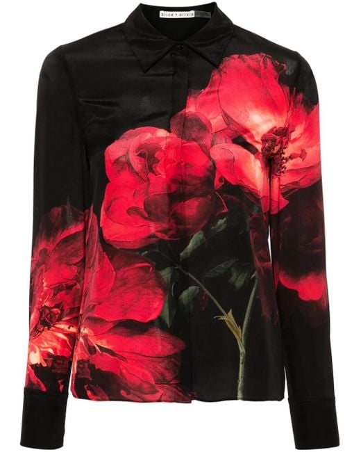 Alice + Olivia Zijden Blouse Met Bloemenprint in het Black