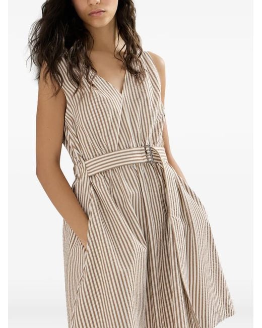 Brunello Cucinelli Natural Striped Seersucker Belted Dress