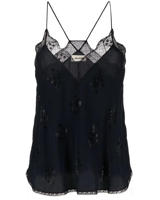 Zadig & Voltaire Black Christy Rhinestone-Embellished Silk Top