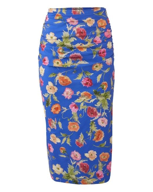 Carolina Herrera Blue Poppy-Print Ruched Midi Skirt