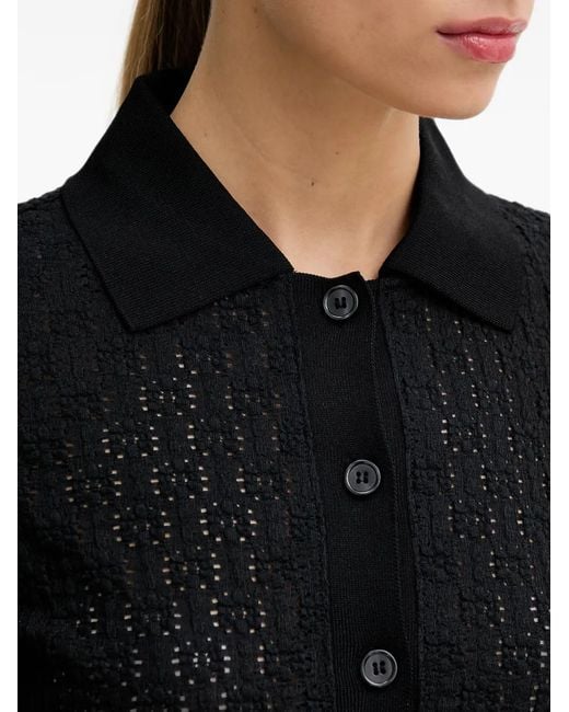 Sisley Black Crochet-Knit Long-Sleeve Polo Shirt