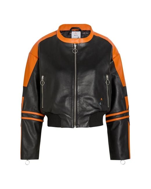AN-Y1 Black Colour-Block Leather Biker Jacket