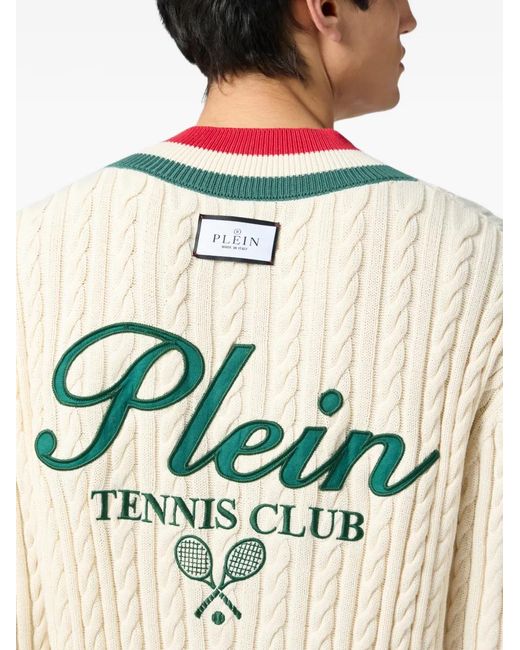 Philipp Plein White V-Neck Pullover Plein Tennis for men