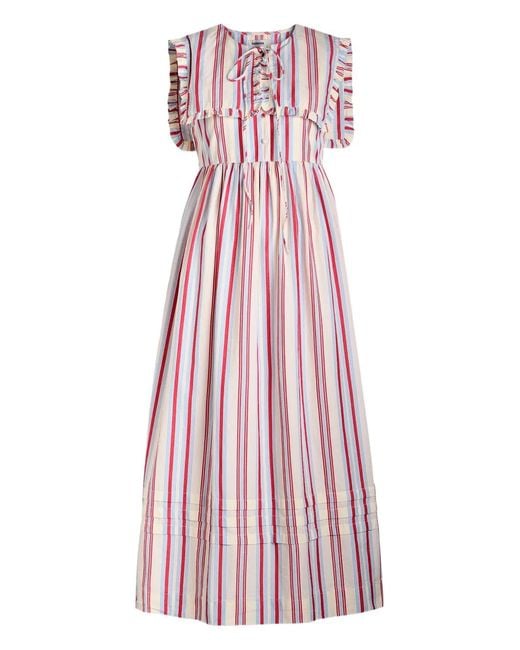 Damson Madder Purple Josephine Ruffled-Sleeve Striped Midi Dress