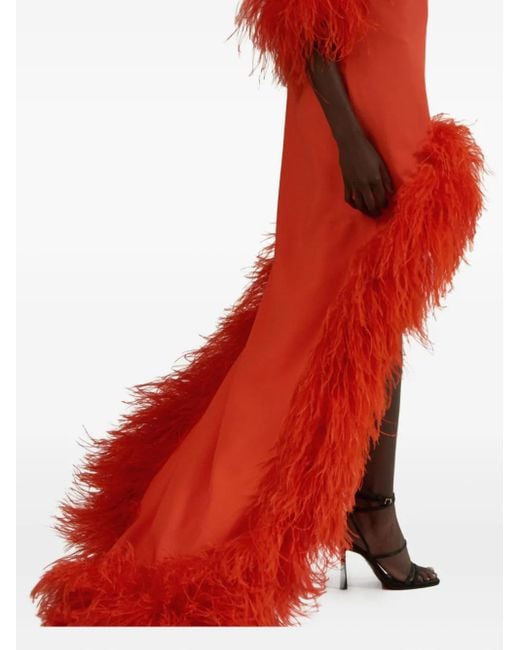 Taller Marmo Red Robe Ornée De Plumes Gina Extravaganza À Ourlet Asymétrique
