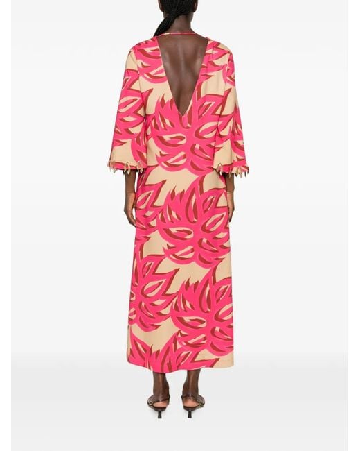 Themis Z Red Ismene Sabra Leaf-Print V-Neck Midi Dress