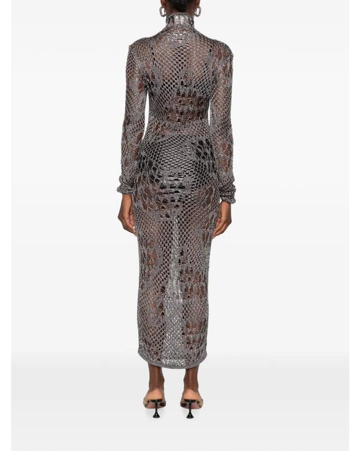 Dondup Gray Open-Knit Long-Sleeved Midi Dress