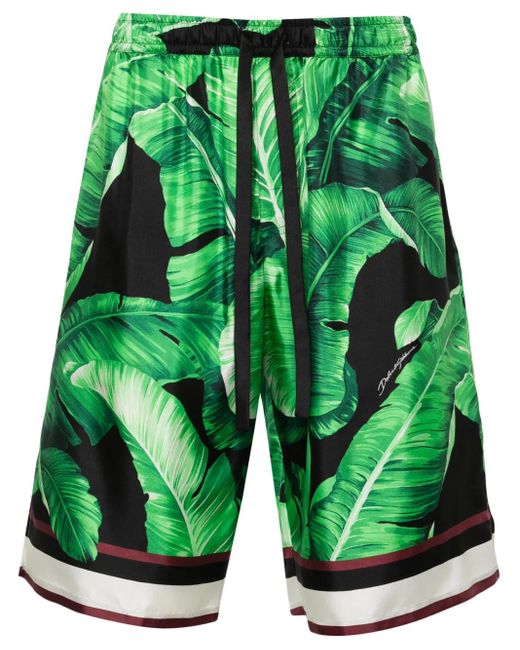 Dolce & Gabbana Green Leaves-Print Silk Shorts for men