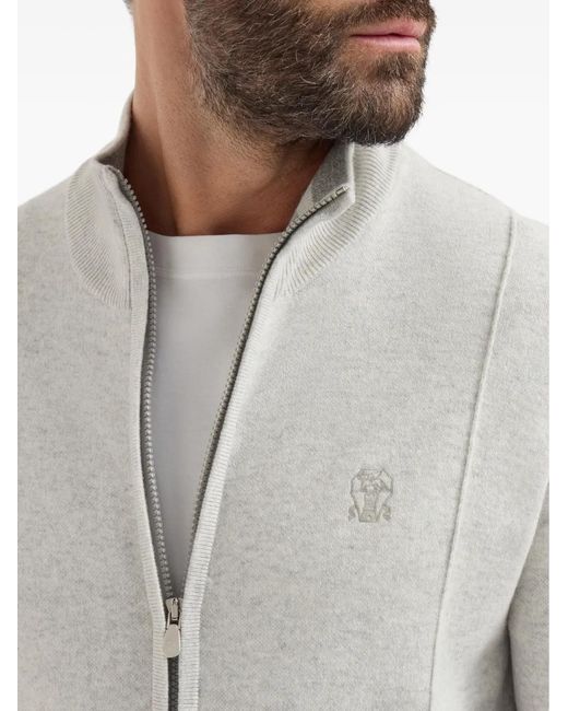Brunello Cucinelli White Cashmere Double Knit Cardigan With Zipper And Logo for men