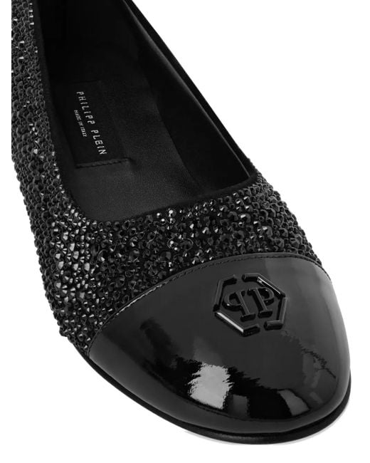 Philipp Plein Black Strass Logo Ballerina Flats