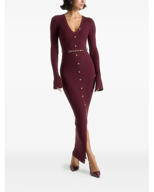 Manière De Voir Red Assia Long-Sleeve Belted Knitted Wine Maxi Dress With Belt