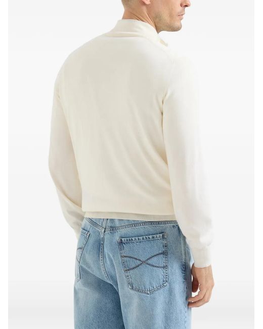 Brunello Cucinelli White Sea Island Cotton And Cashmere Lightweight Sweater With Half Zip for men