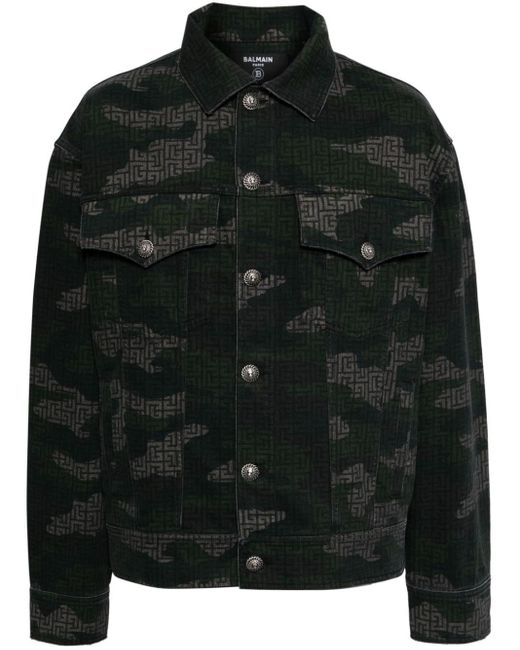 Balmain Black Khaki Print Denim Jacket for men