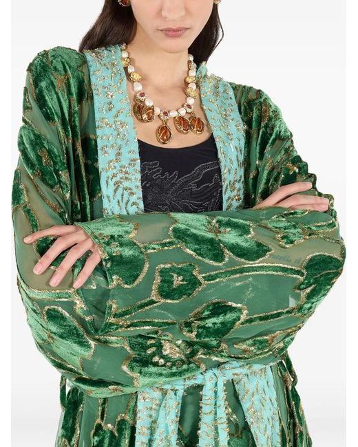 Roberto Cavalli Green Floral-Pattern Velvet Robe
