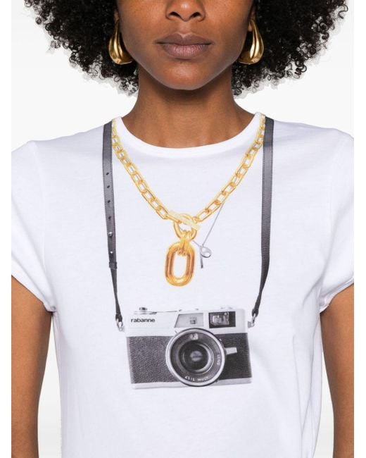 Rabanne White Camera-Print Cotton T-Shirt