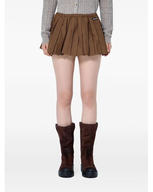 Miu Miu Natural Pleated Gingham-Check Mini Skirt