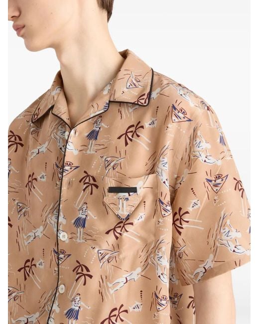 Prada Natural Printed Silk Blend Bowling Shirt for men