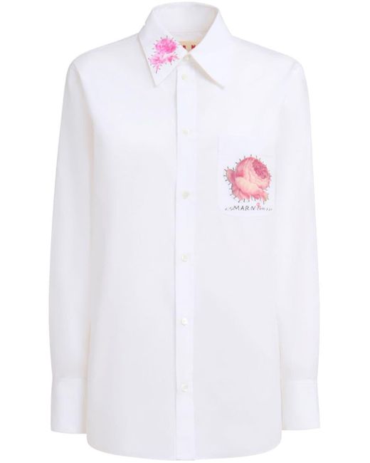Marni White Floral-appliqué Cotton Shirt