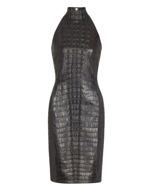 Balmain Black Crocodile-Embossed Halterneck Mini Dress