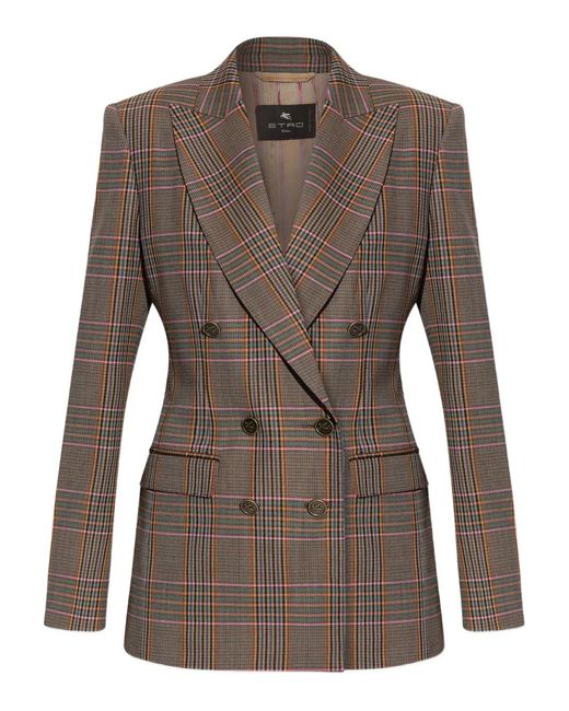 Etro Brown Double-Breasted Checked Blazer