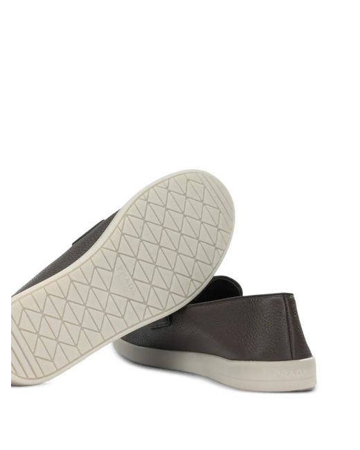 Prada Gray Logo-Plaque Leather Loafers for men