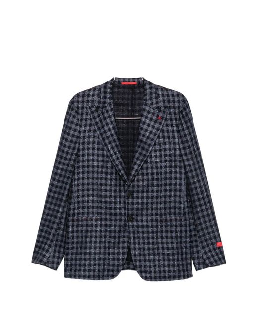 Isaia Blue Gingham-Check Notched-Lapel Blazer for men