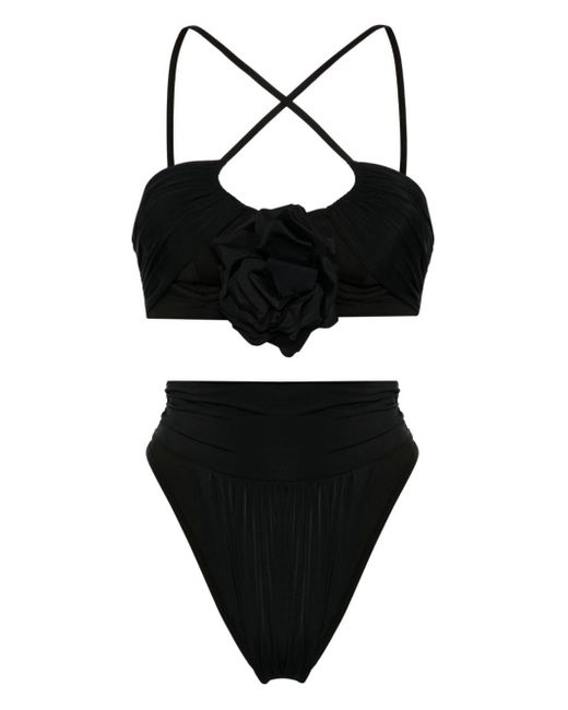 Balmain Black Floral-appliqué Ruched Bikini
