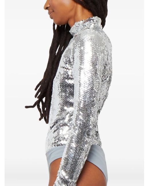 Brandon Maxwell Gray Sequinned Mock-Neck Bodysuit