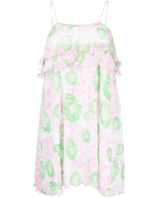 Ganni White Ruffled-Trim Graphic-Print Dress