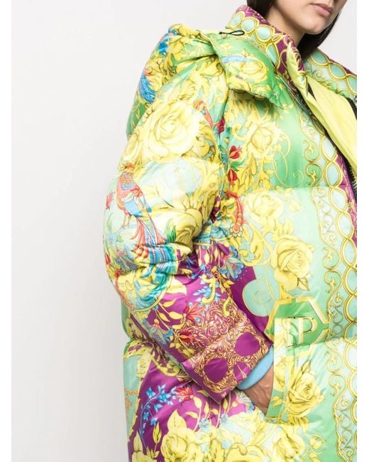 Philipp Plein Green Baroque-Print Long Padded Jacket