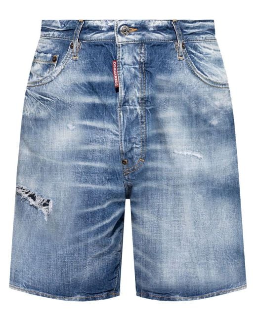 DSquared² Blue Logo-tag Distressed Denim Shorts for men