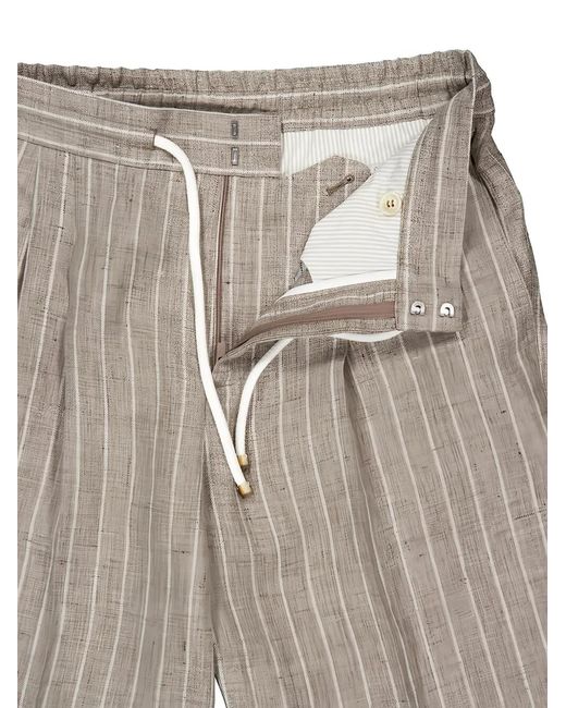 Brunello Cucinelli Gray Stripe Linen Pants With Drawstring And Double Pleats for men