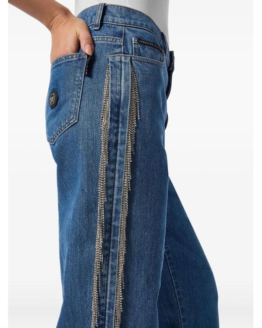 Philipp Plein Blue Skater Fit Jeans Crystal Fringes