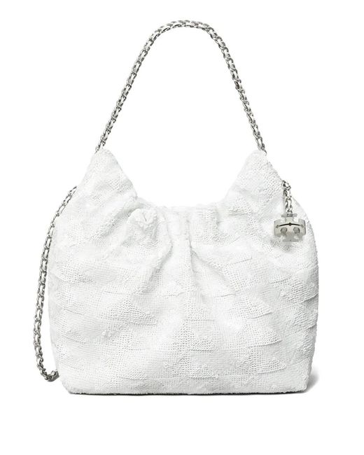 Tory Burch White Mini Fleming Sequin Shoulder Bag