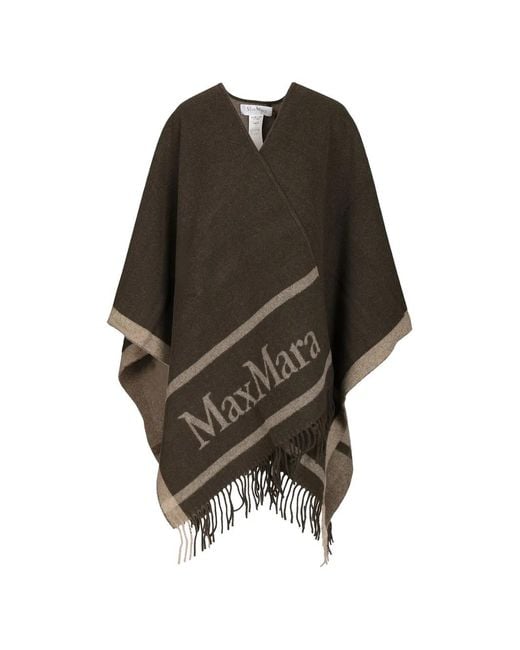 Max Mara Brown Logo-Jacquard Fringed-Hem Poncho