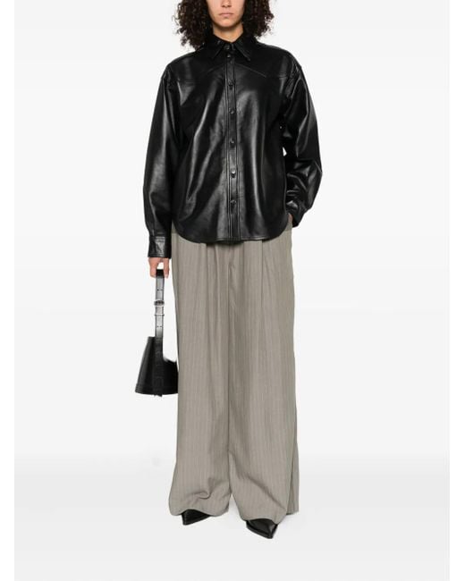 Haikure Black Leather Button-Up Shirt Jacket