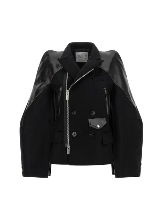 Sacai Black Sculptural-Shoulder Melton-Wool Jacket