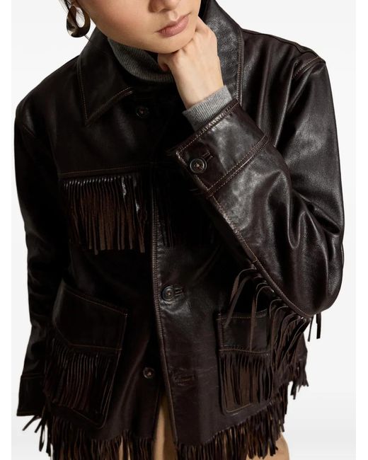 Polo Ralph Lauren Black Fringe-Trim Leather Jacket