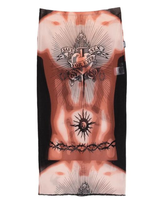Jean Paul Gaultier Pink Tattoo-Print Fitted Midi Skirt