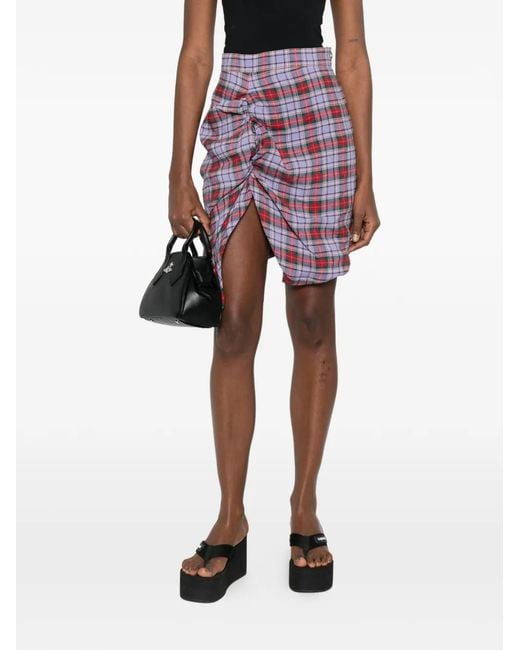 Vivienne Westwood Red Mini Side Panther Ruffled Tartan Skirt