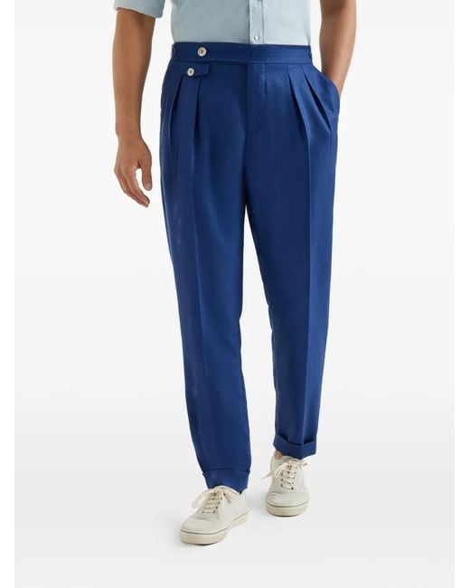 Brunello Cucinelli Blue Pleated Waist-Tab Trousers for men