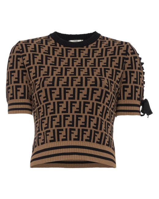 Fendi Brown Knitted T Shirt With Logo Pattern
