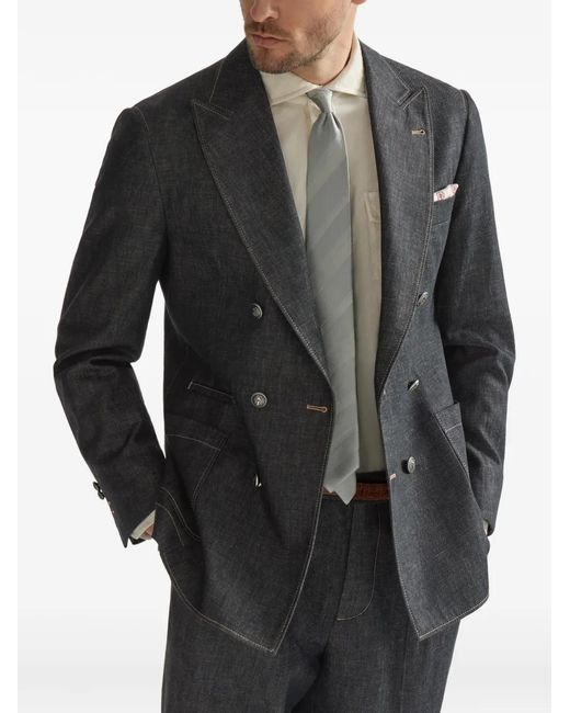 Brunello Cucinelli Gray No-Fade Lightweight Denim One-And-A-Half Breasted Deconstructed Blazer With Patch-Pockets And Metal Buttons for men